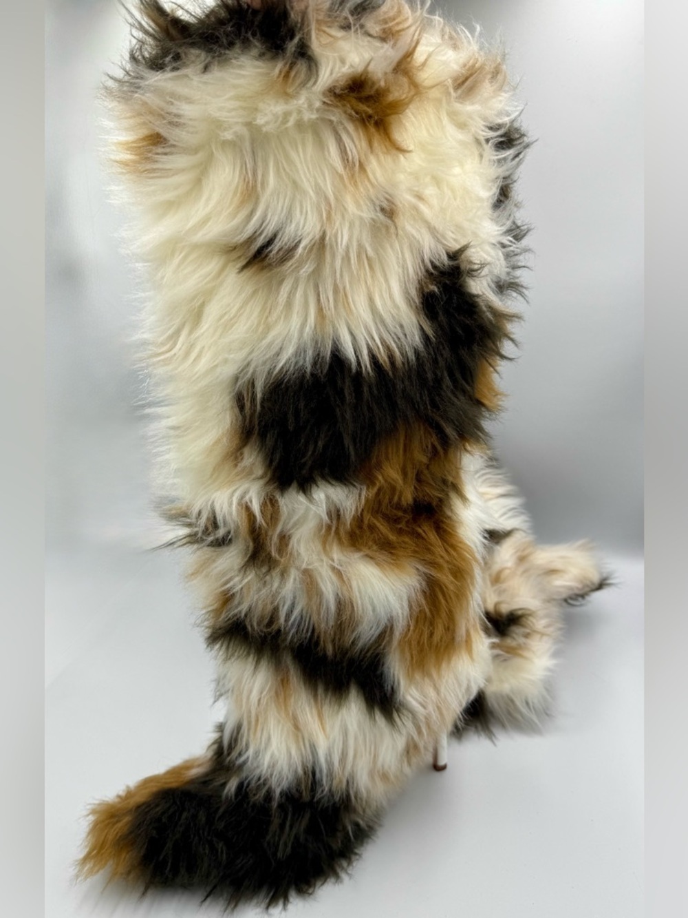Faux Fur Patchwork Knee High Boots Stiletto Heel Pointed Toe 7.5 White & Black